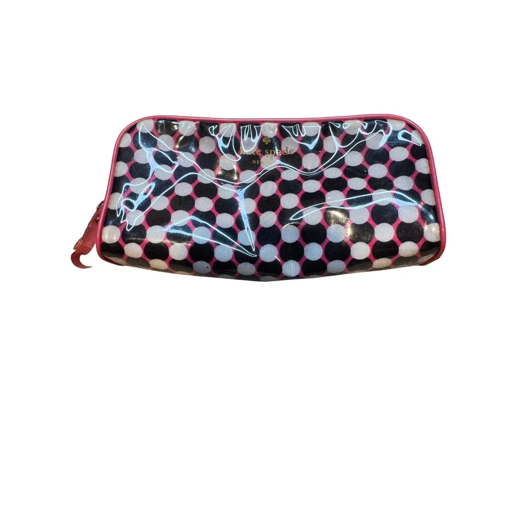 Kate Spade New York Polka Dot Cosmetic Bag‎ Pink Black White Vinyl Makeup Pouch